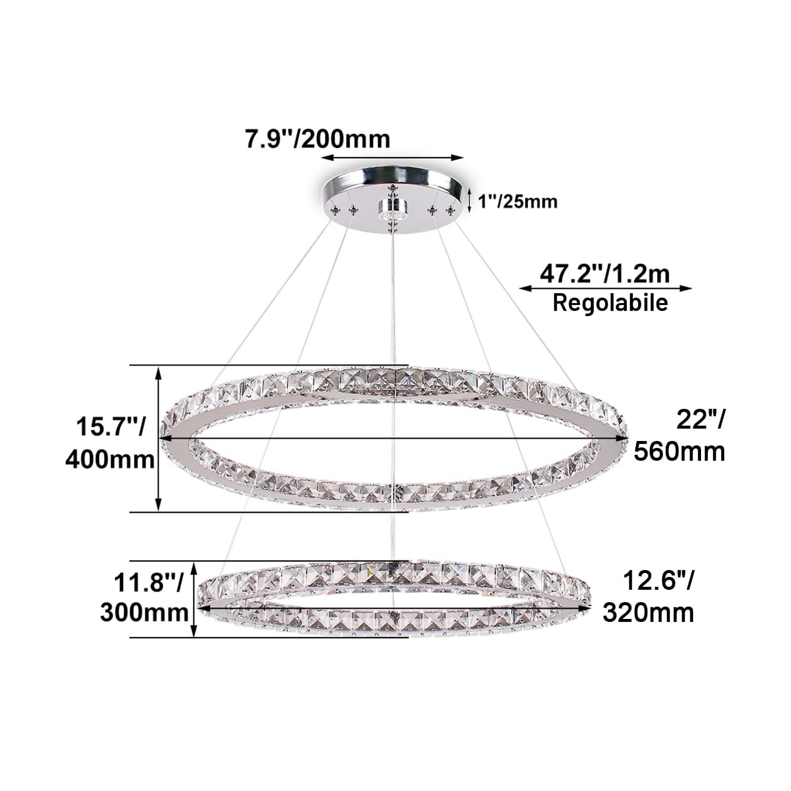 Lampadario LED moderno in cristallo, lampadario a sospensione ovale a 2 anelli, altezza regolabile, 56 cm + 32 cm, luce bianca fredda 6500K, per soggiorno, sala da pranzo e camera da letto