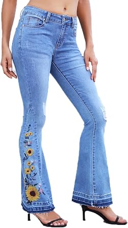 Bell Bottom Jeans Floral Embroidered Jeans Women Plus Size Flare Jean Stretch Button Y2k Denim Pants