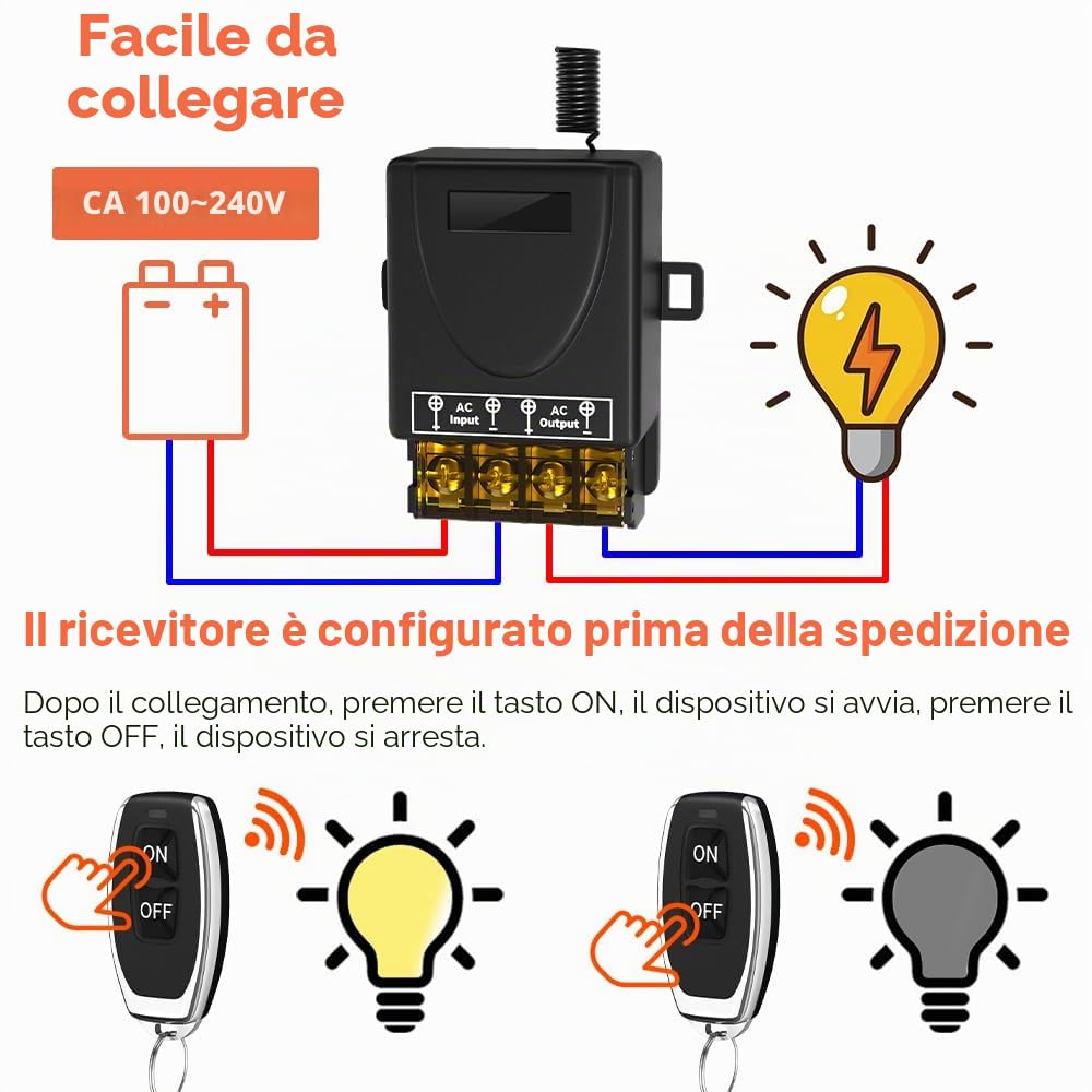 Interruttore con telecomando impermeabile IP65, Interruttore wireless AC100-240v, interruttore RF a relè 30A con portata lunga 50M piedi, per cancelli scorrevoli, luci e sistemi di allarme antifurto