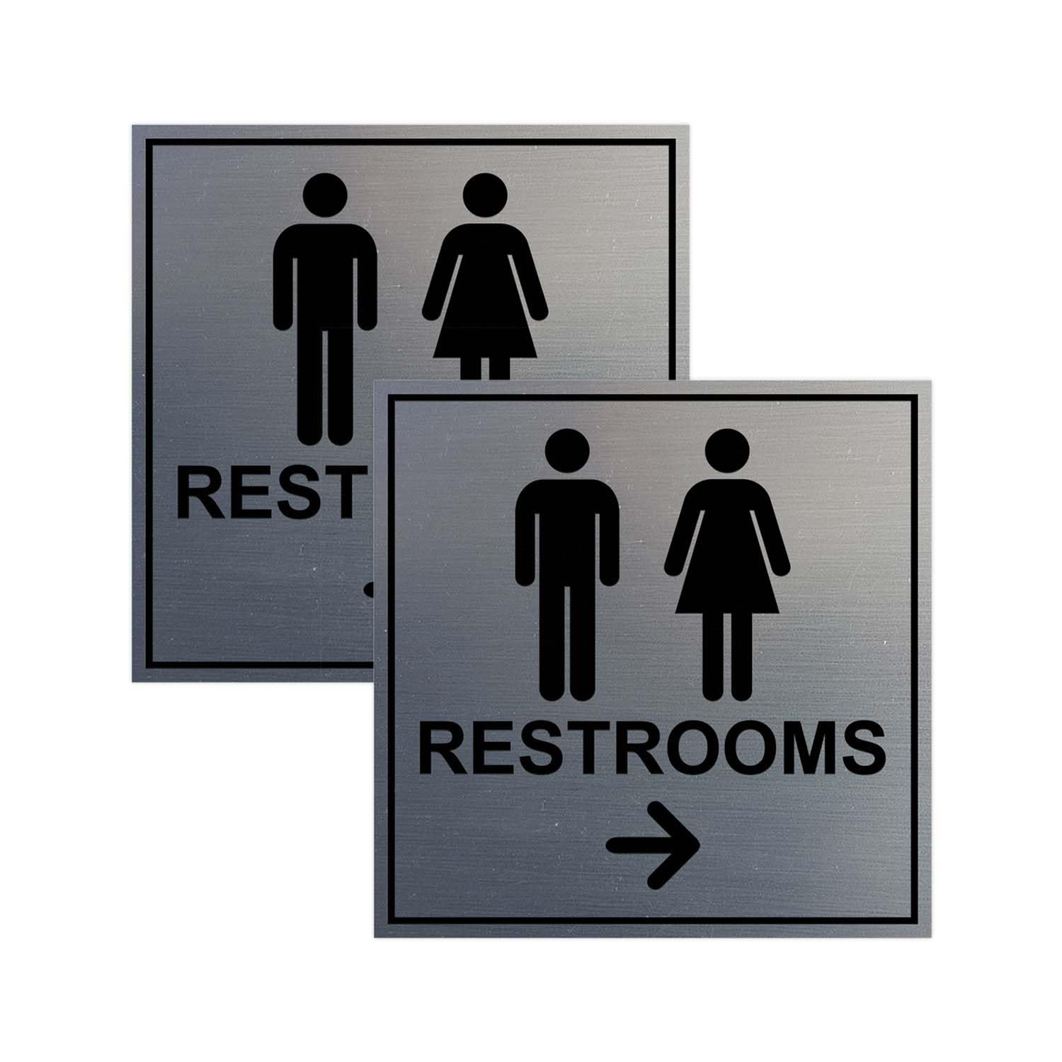 Signs ByLITA Square Restrooms right arrow Sign with Adhesive Tape (Brushed Silver) - Medium (2 Pack)