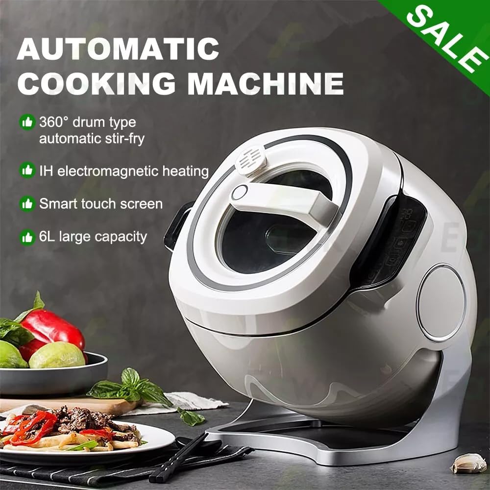 1000W Automatic Cooking Machine,6L Electric Stir Fry Cooker Stir Fry Machine with Smart Touch, One-Click Smart Start, Three Speed Adjustable, 360 ° Automatic Rotation, for Stir Frying Stewing Cooking