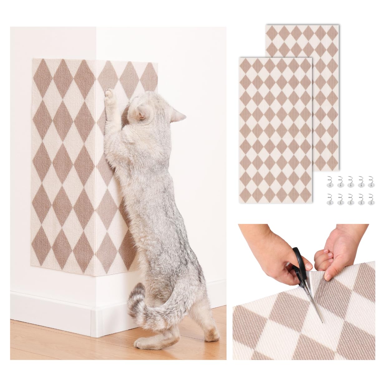 Anti-Scratch Cat Mat, Set of 2 – 39.4” x 15.8” Trimmable Self-Adhesive Upholstery Pads for Furniture, Carpet, Cat Trees, Shelves, Climbing Walls & Couch Protection (Brown Diamond)