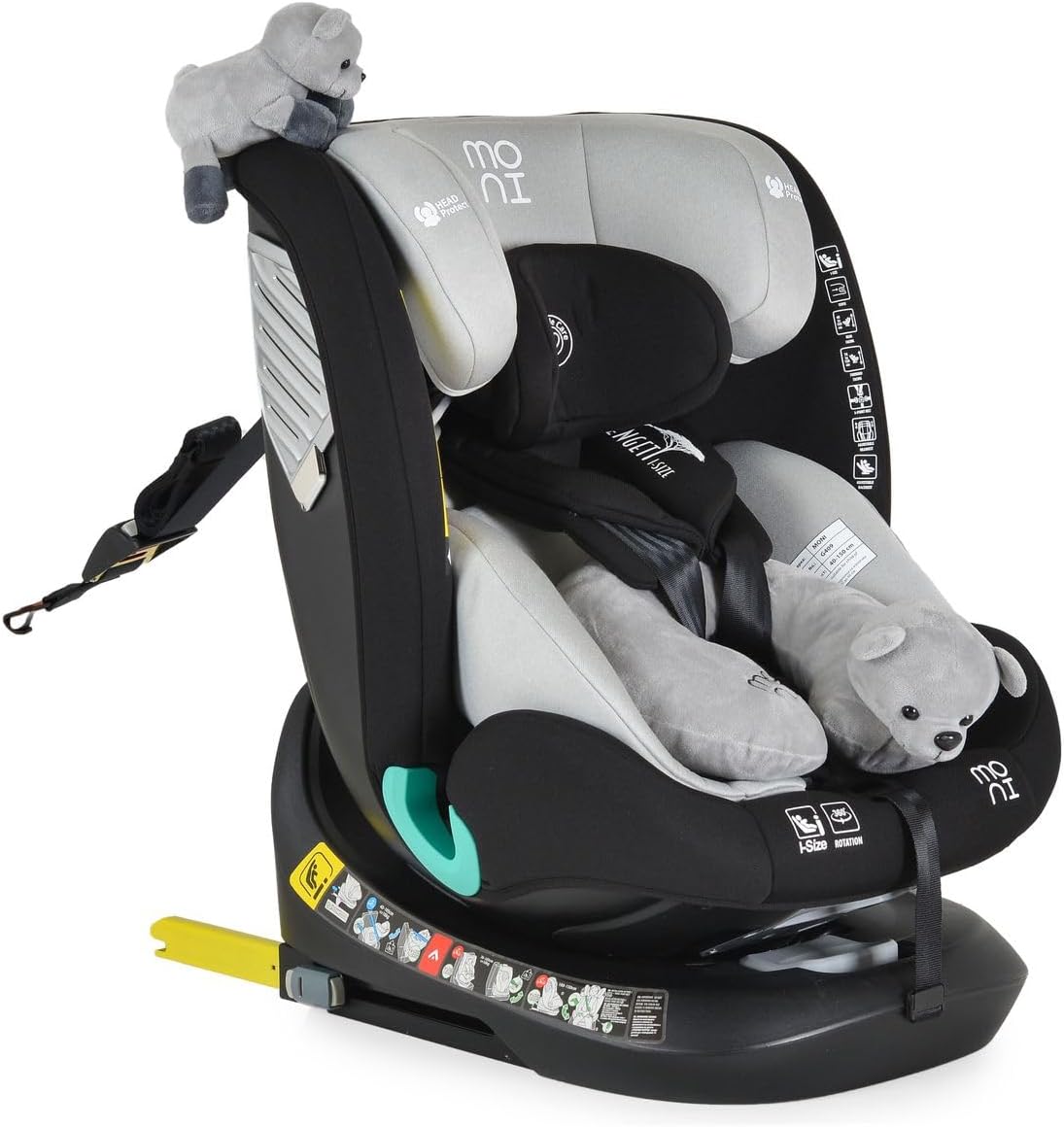 Moni Serengeti i-Size car seat rotated to a side-facing position for easy child placement.