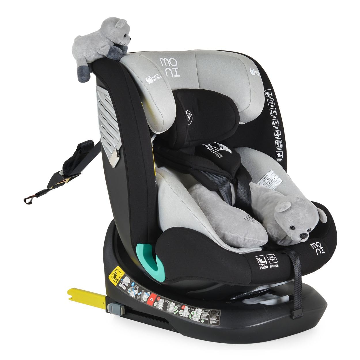 Moni, siège enfant i-Size Serengeti (40-150cm) Isofix, coussin pour la nuque, coloris:Gris
