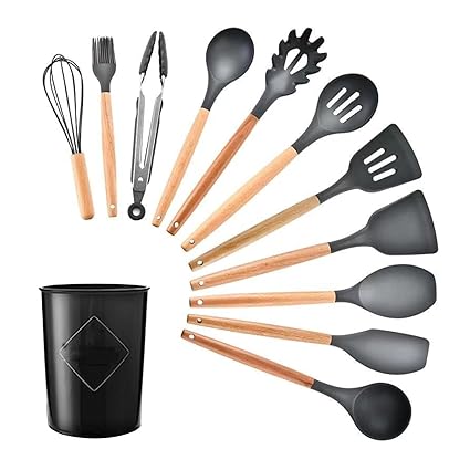9PCS Cooking Utensils with Storage Holder Kitchen Utensil Set Silicone Kitchenware Set Wooden Handle Cookware Set Chef Nonstick Cookware Kitchen Gadgets