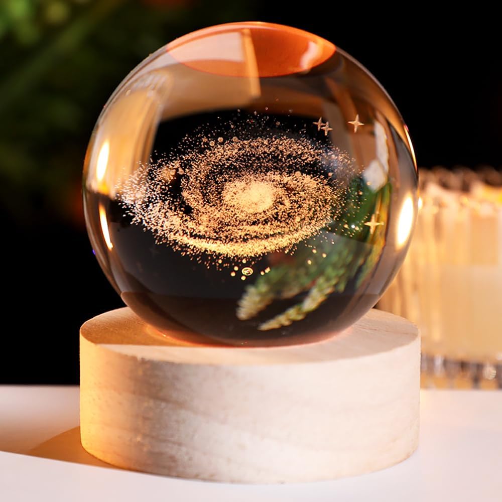 3D Galaxy Crystal Ball Glass Space Decorative Ball 2.36" Science Astronomy Planet Decor Galaxy Glass Sphere Model with Colorful Lighted Base