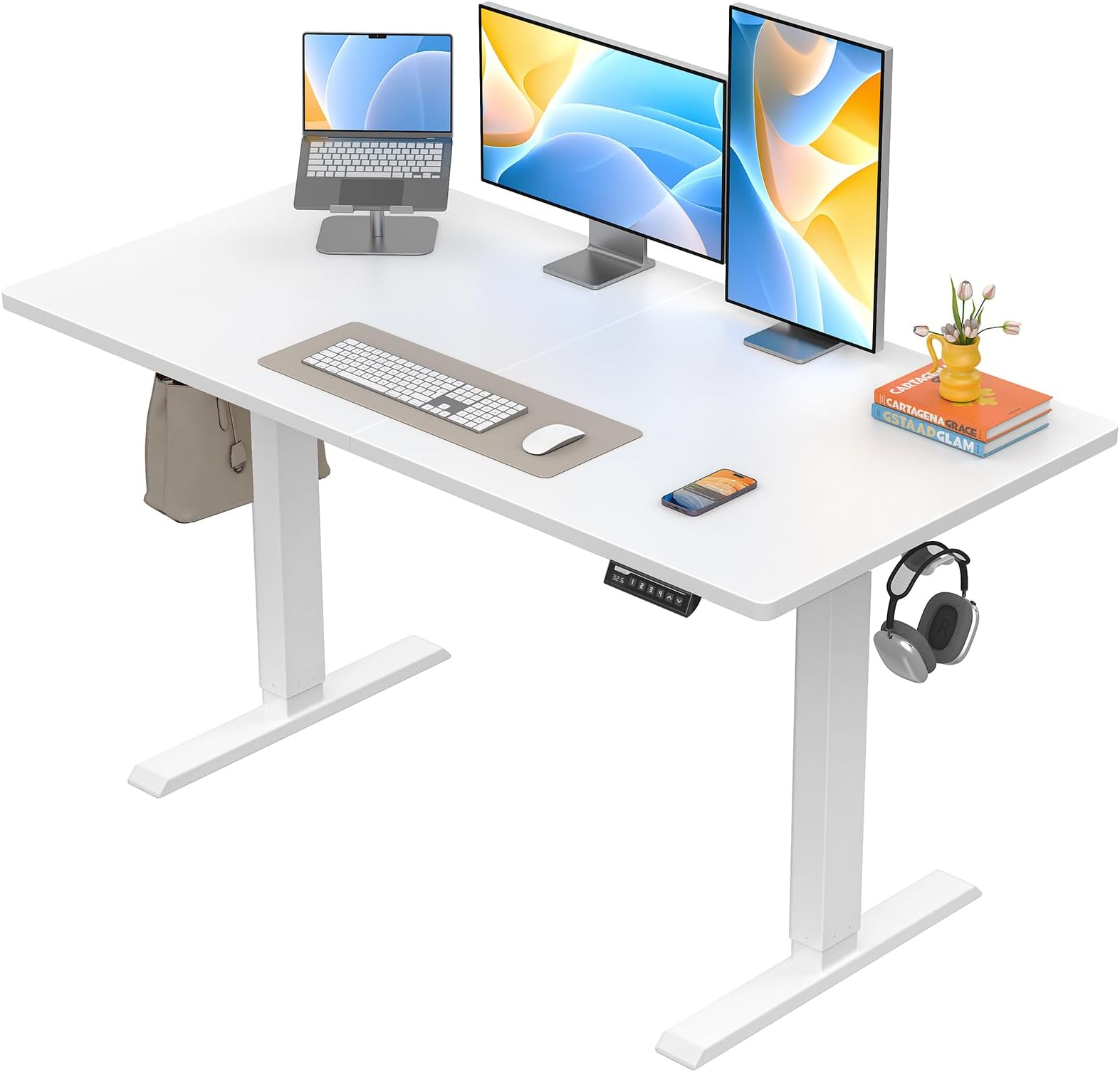 Electric Standing Desk, 48 x 24 inch Height Adjustable Sit Stand Up Desk, Computer Home Office Desk with 4 Memory Height Buttons, Two Pieces Desktop, White, EGESD110W
