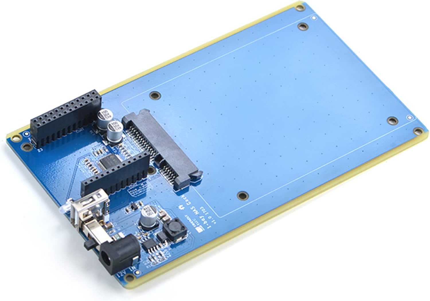 Top view of the assembled MiiElAOD 1-Bay NAS Dock board with a NanoPi NEO connected, ready for a 2.5-inch SATA hard drive.