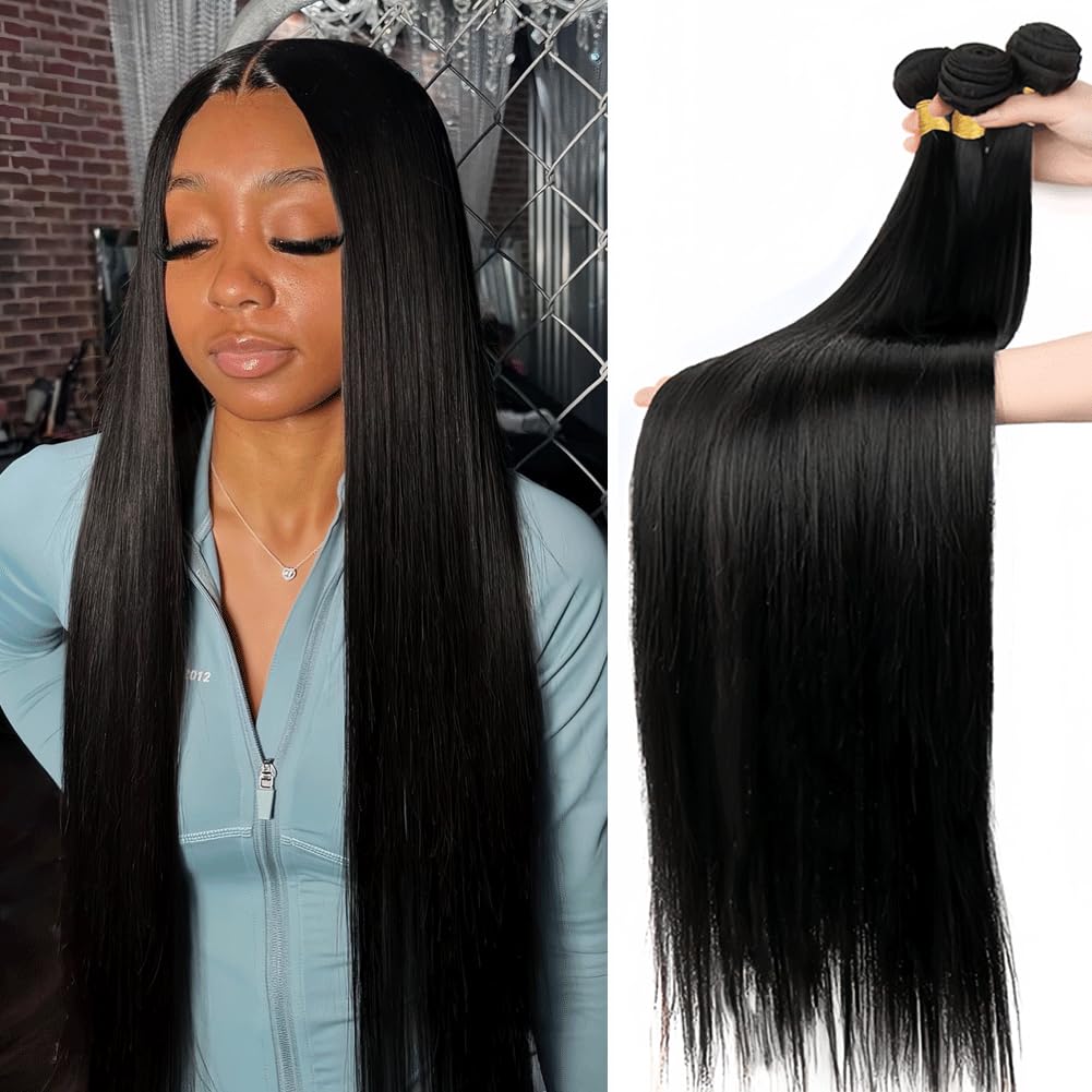 12A Human Hair Bundles Brazilian Straight Human Hair Bundles 26 28 30 Inch 100% Unprocessed Virgin Weave 3 Bundles Human Hair Raw Remy Hair Bundles Natural Black