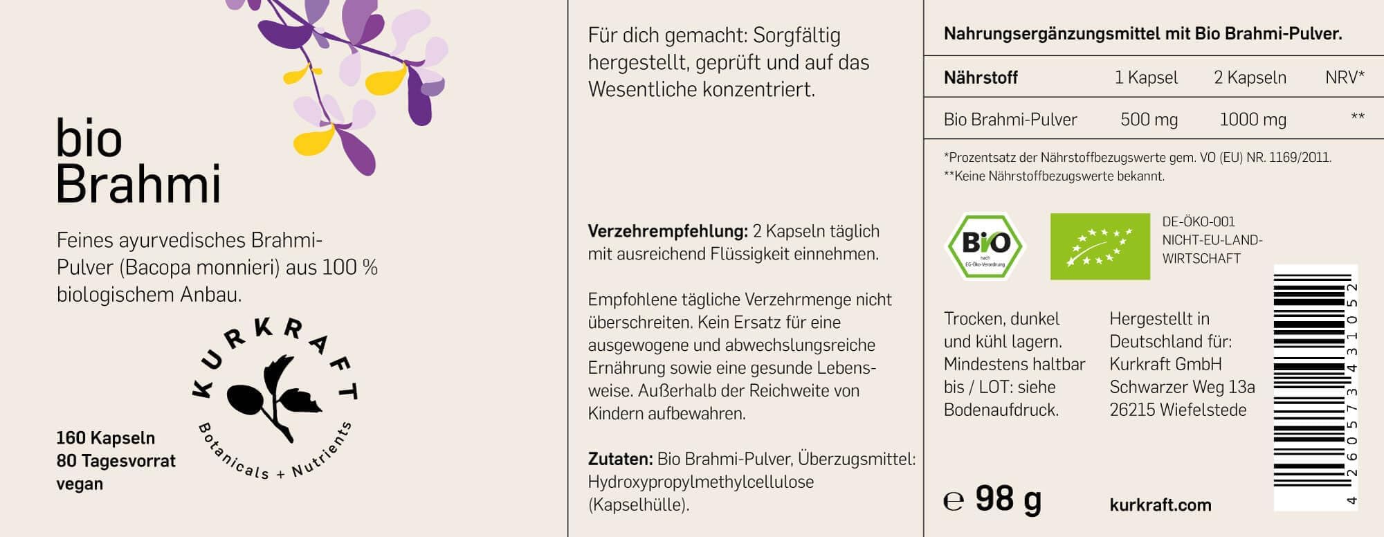 Bio Brahmi (180 Kapseln) - 500mg je Kapsel - ETO-getestet & laborgeprüft - Vegan - Ohne Zusatzstoffe - deutsche Produktion - Bacopa monnieri Pulver