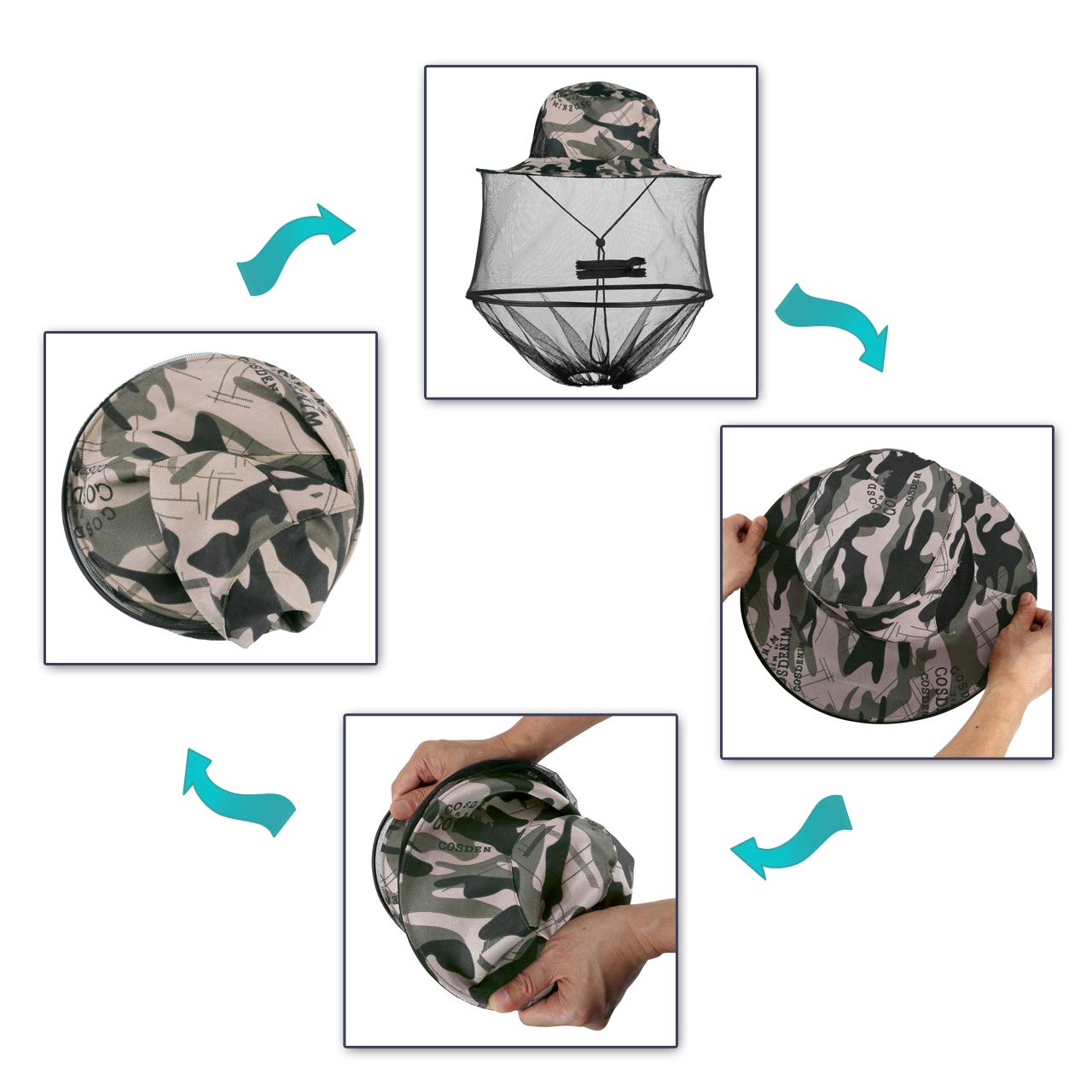 Sombrero de red de cabeza de mosquito con malla extraíble oculta, diseño para pesca al aire libre jardinería, gris Camouflage 6
