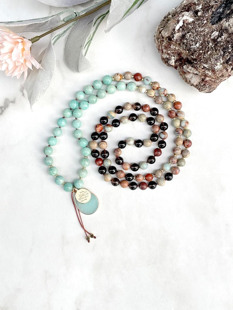 Amazonit, Kaiserjaspis und Rauchquarz-Stein, Mala-Perlen, 108 Mala-Halskette, geknotete Mala, WWG-Halskette, Yoga-Schmuck, Meditationsperlen, spiritueller Schmuck, Boho-Schmuck, 86 cm,
