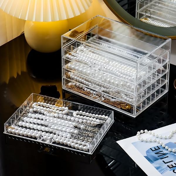 Necklace Box Tray with 5 Clear Drawers, Dustproof Necklaces Holder Storage Display Case, Necklace Tray Drawer for Pendant Suitable for Women and Girls -Transparent by CLUQMEIK - Image 6