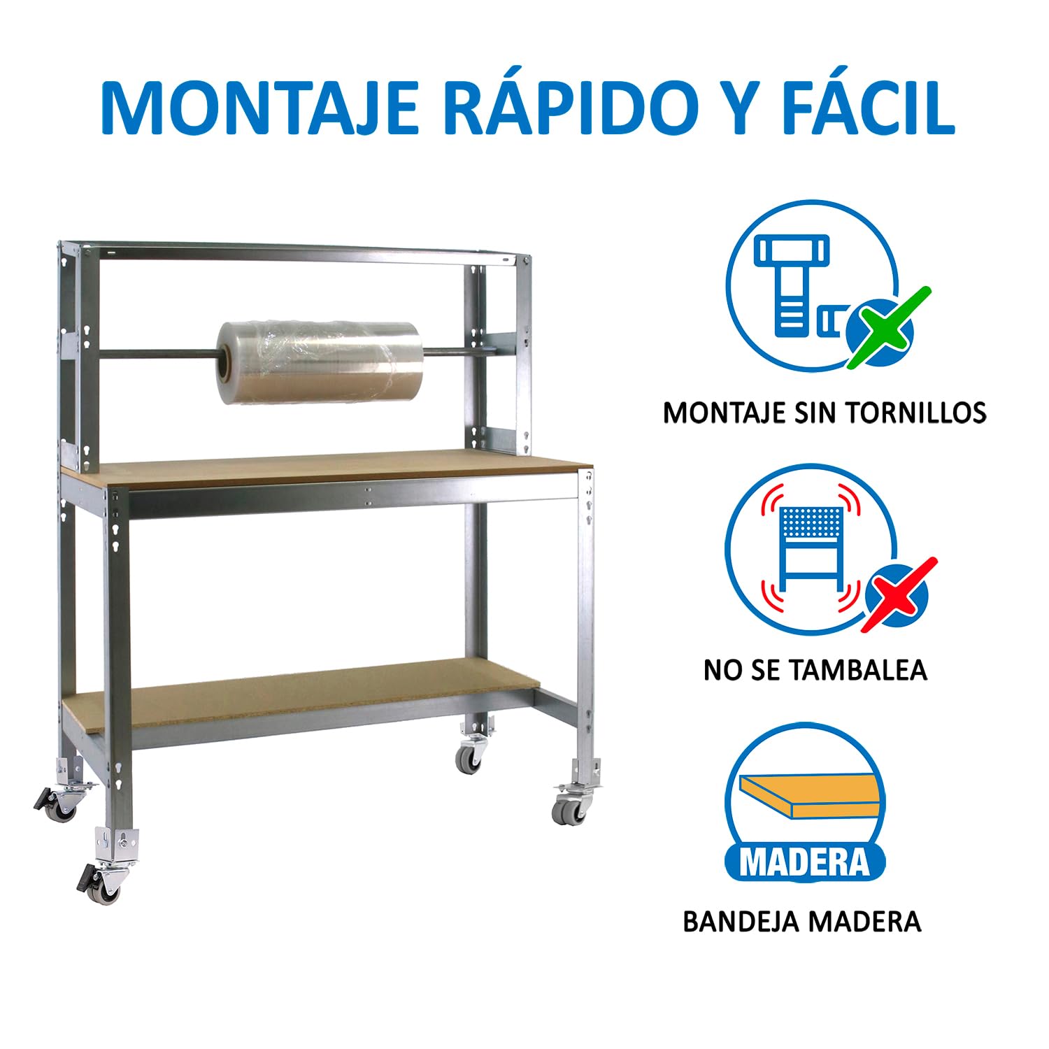 Simonrack Banc de travail BT4 avec tiroir Simonwork bleu/bois 1445 x 910 x 760 mm – Banc d'emballage – Table logistique 400 kg de capacité par étagère