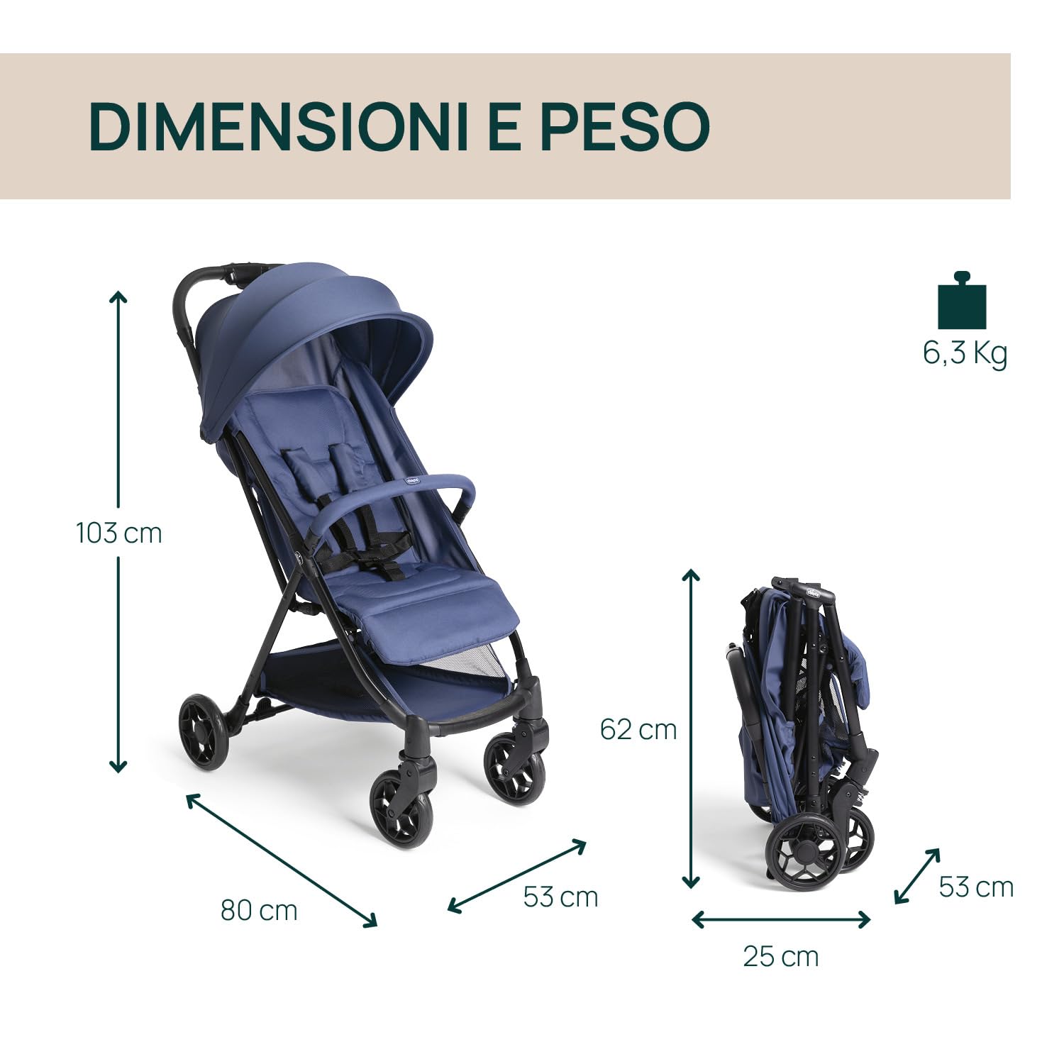 Chicco Urbino, Passeggino 0+ Mesi-22 Kg, Passeggino Leggero con Chiusura Smart e Compatta, Capotte Estensibile con Trattamenti UV50+ Antipioggia, Schienale Reclinabile e Regolabile, Poggiagambe, Blu