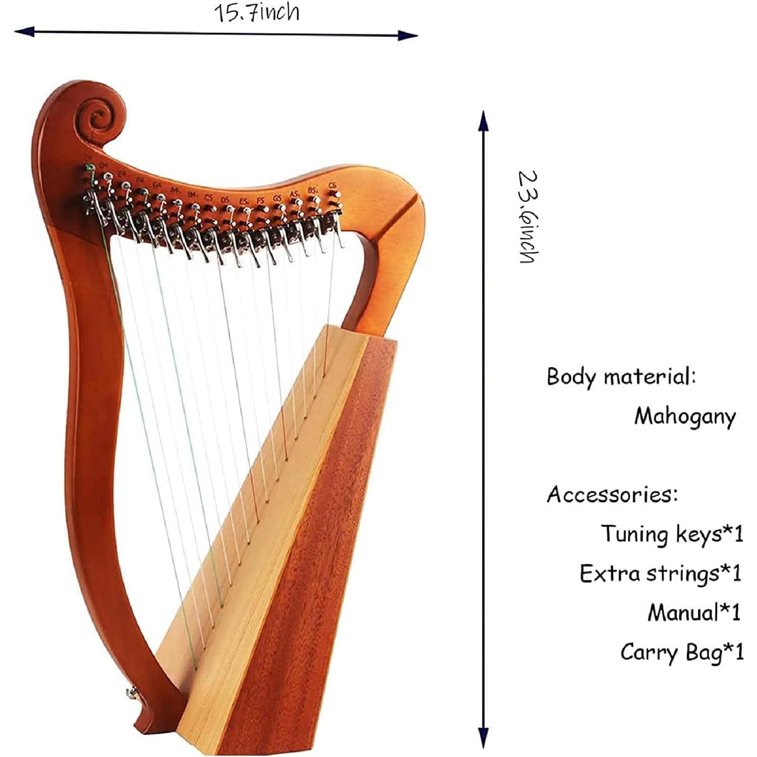 Arpa a 19 Corde, Arpa a Leva in Mogano Massiccio, Design a 3 Fori di Risonanza, Arpa Celtica Irlandese, con Chiave di Accordatura E Custodia, per Principianti, Adulti E Amanti della Musica