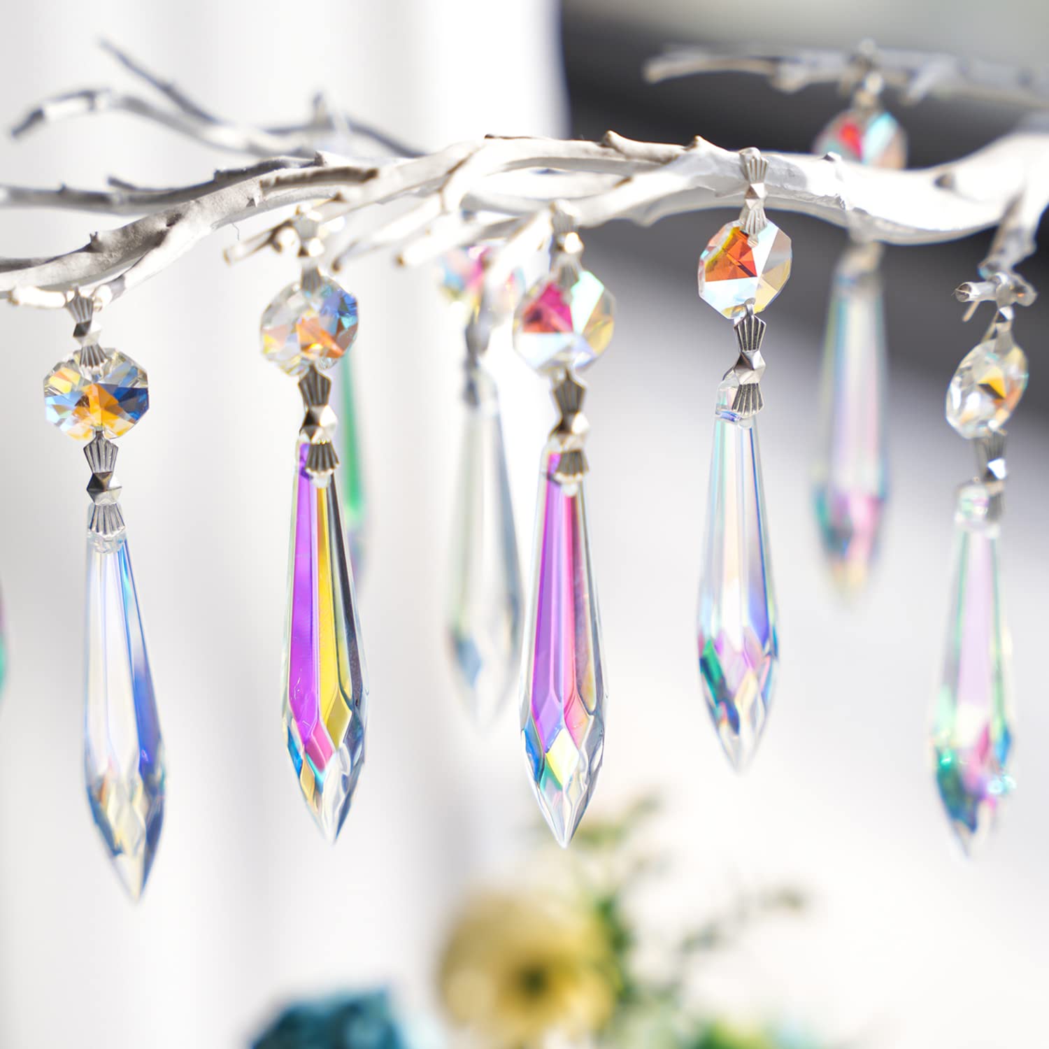 63mm Colored Suncatcher Chandelier Crystal Icicle Prisms,Crystal Garland with Metal Bow Clips,Hanging Crystal for Windows Lamp Drop Chandelier DIY Decoration,Pack of 20-image-38