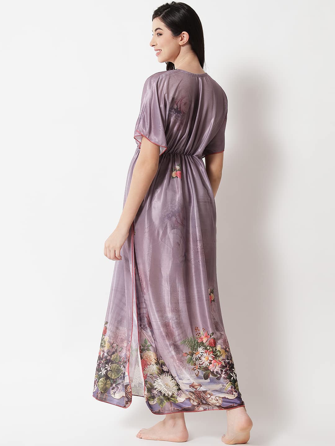 G4Girl Women's Satin Silk Geometric Print Maxi Kaftan Nighty Gown (Free Size, Grey) - Image 2 thumbnail
