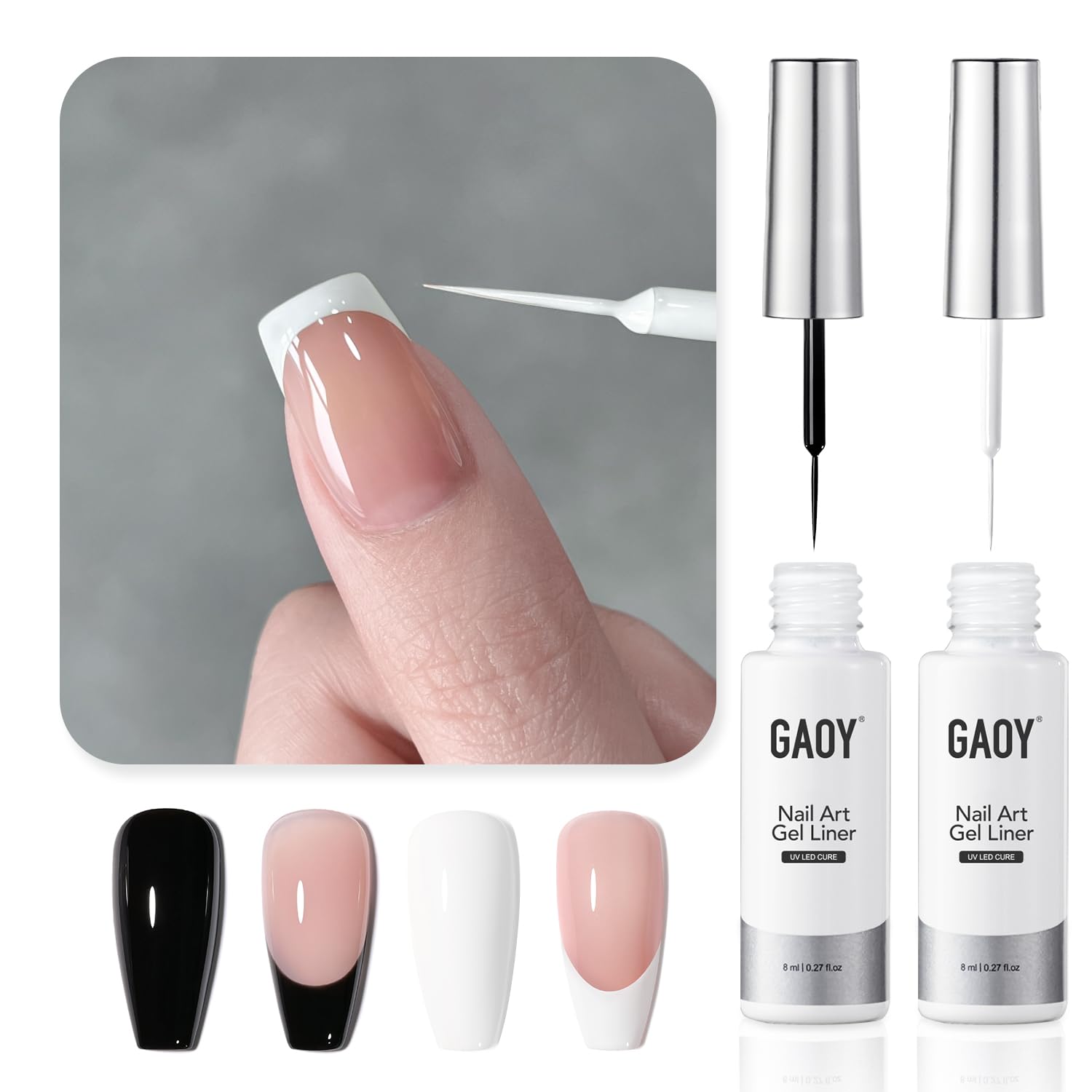 GAOY White and Black Gel Nail Polish Liner Set, 8ML 2 Classic Colors Nail Art Paint Design with Thin Brush, UV Light Cure for DIY French Manicure at Home