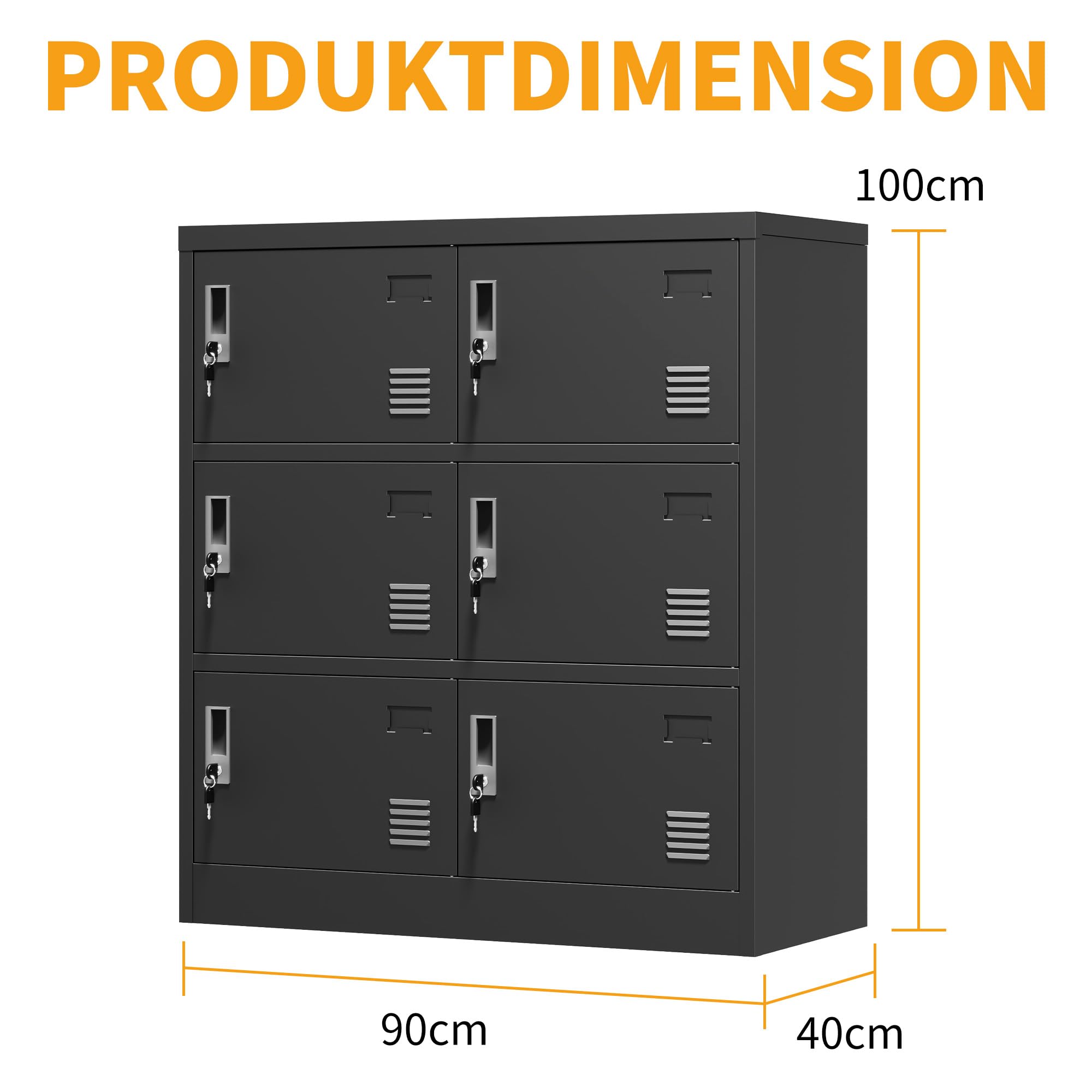Armario de metal con cerradura individual para oficina, gimnasio, escuela, garaje, documentos, herramientas, objetos de valor, color negro, 90 x 40 x 100 cm (6 puertas)