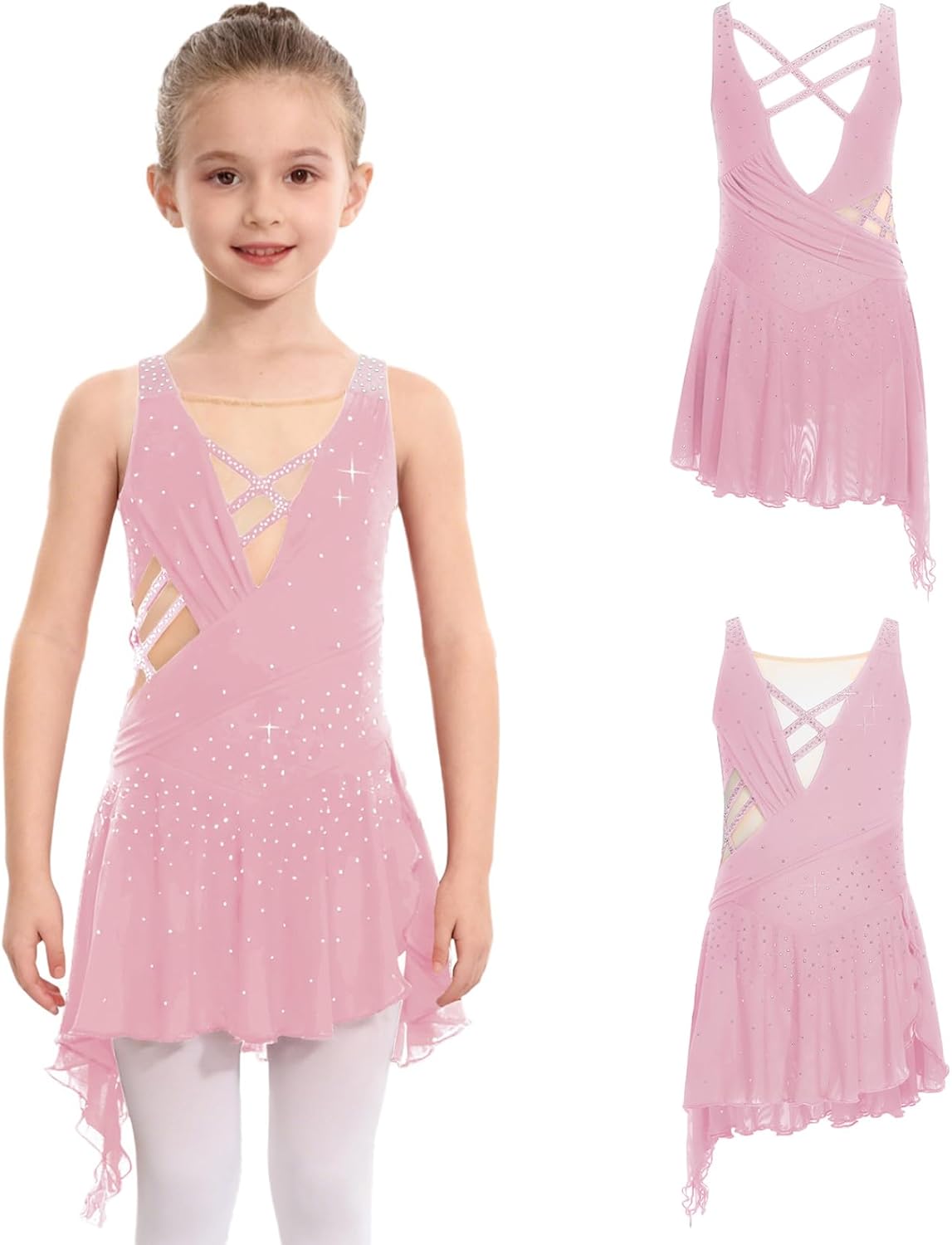 Linjinx Kids Girls Shiny Rhinestone Sleeveless Jazz Ballet Lyrical Dance Dress Figure Ice Skating Dress Irregular Skirt