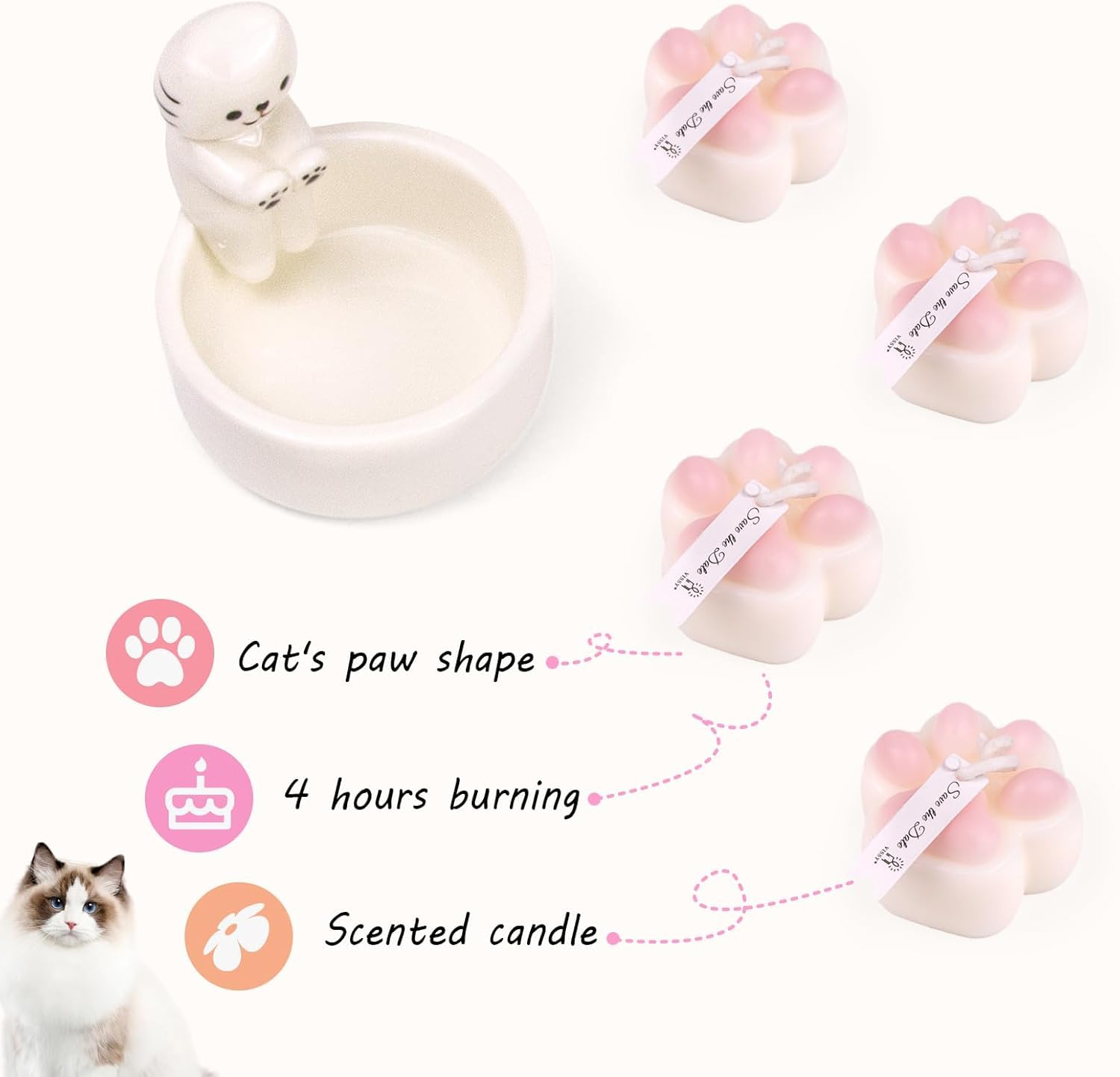 Portavelas de gatito con 4 velas de té de pata de gato, regalos de cerámica para decoración del hogar, regalos para amantes de los gatos para mujeres