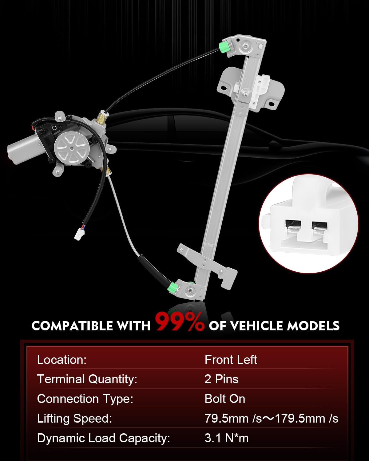 Front Left Driver Power Window Regulator with Motor for:-Mazda Protege 1999 2000 2001 2002 2003, Protege5 2002 2003, 4 Door Sedan, 2 Pins Connector Replace OE# B25E-59-590D 741-740