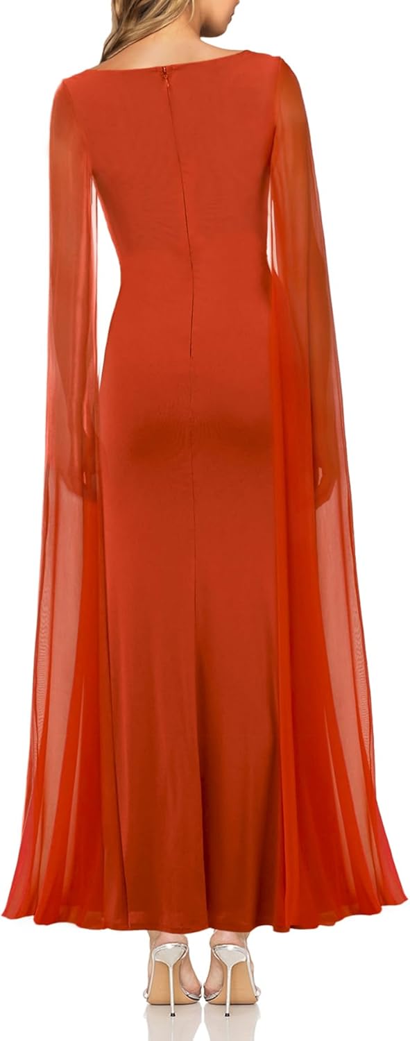 MAYFASEY Women's Sexy Elegant Long Sleeve High Split Mesh Ruched Formal Long Evening Party Maxi Dress with Cape - Image 2