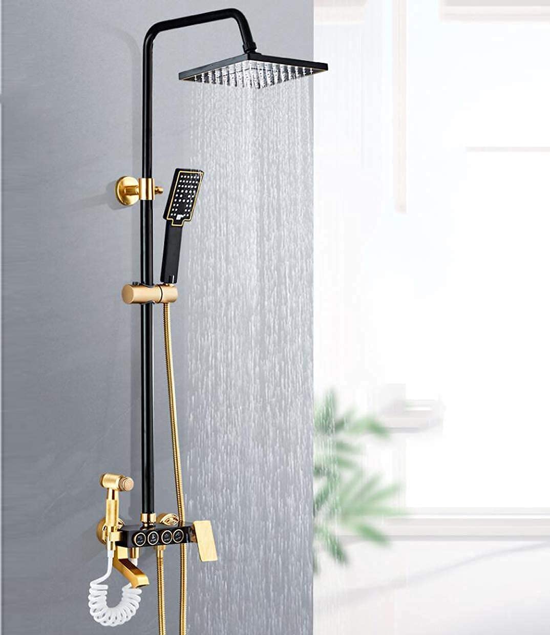 Système de douche or avec mitigeur carré et douchette 4 fonctions haut de gamme
