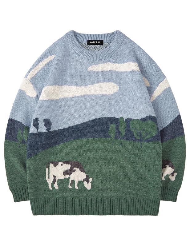 Image of Vamtac Mens Oversized Sweater Vintage Graphic Pullover Crewneck Knit Jumper Y2K Unisex Streetwear 2026 Fall Tops
