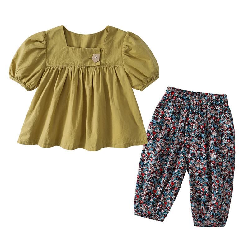 Image of Bold N Elegant Girls Floral Print Balloon Sleeve T-Shirt Top and Capri Shorts Summer Clothing Set for Infant Toddler Baby Girls