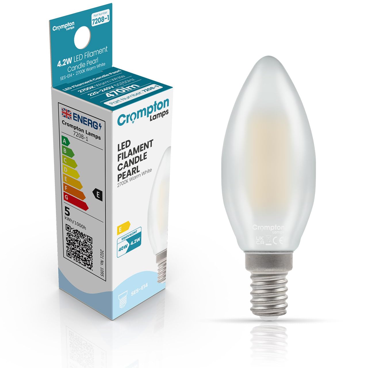 Crompton Lamps Filament Candle LED Light Bulb SES-E14 | 4.2W = 40W Equivalent | Warm White 2700K | Energy Efficient | Small Screw Lightbulb | Long Life 10,000-Hrs | Pearl Glass | Dimmable