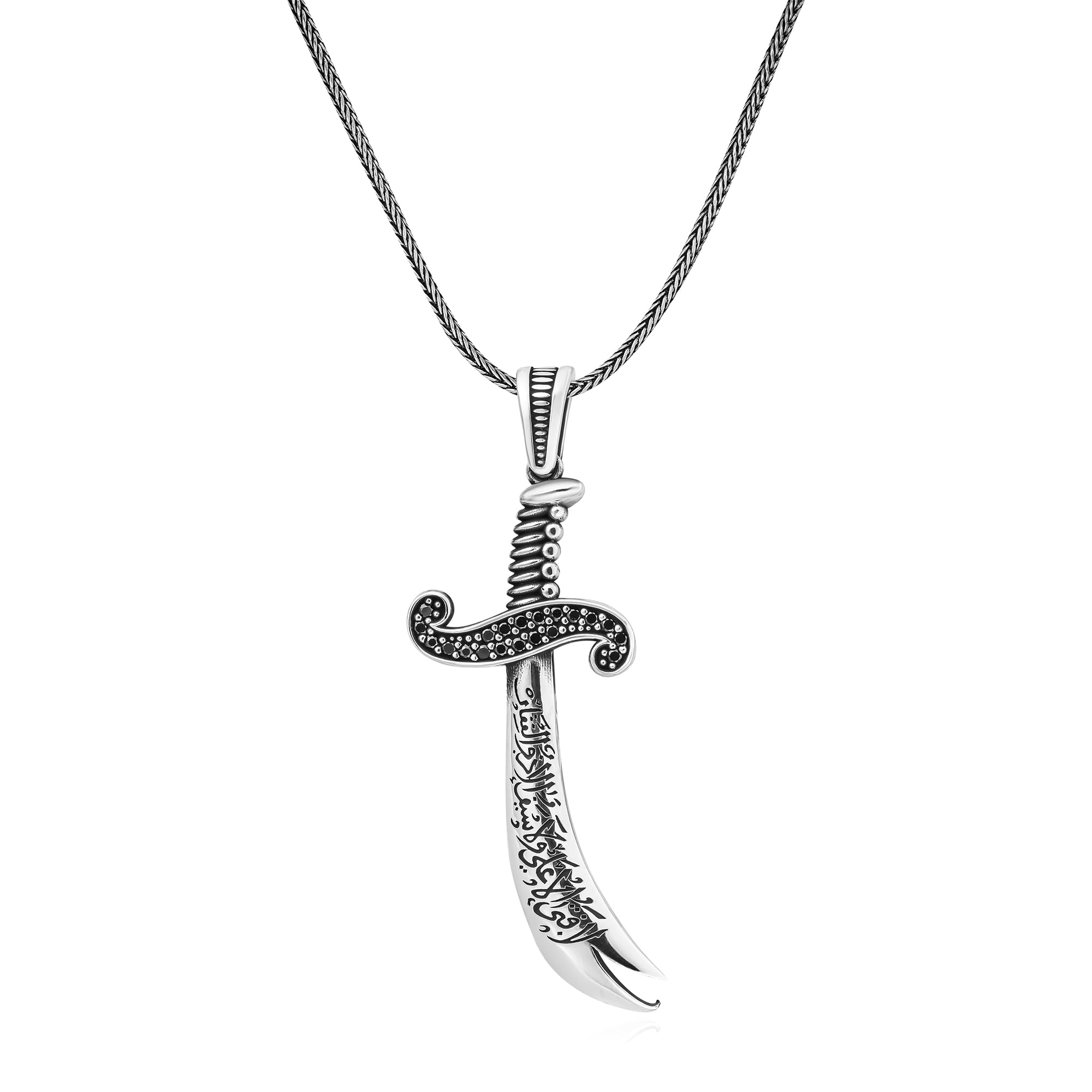 925 Sterling Silver Arabic Zulfiqar's Sharp Sword imam Ali's Big Brave None Written Cubic Black Zircon Stone Flamboyant Men's Pendant Necklace Gift