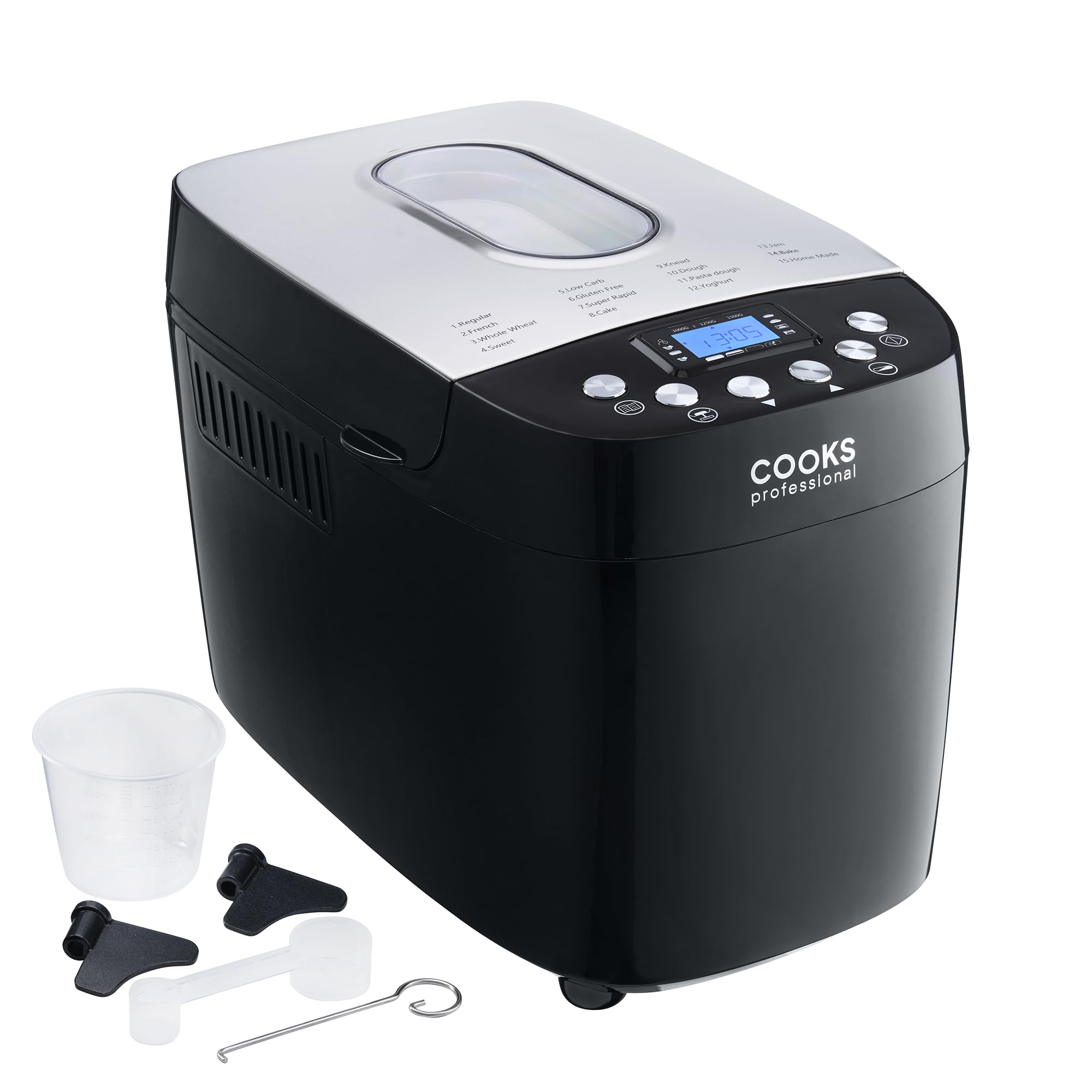 Cooks Professional Digital Bread Maker | 15 Programmes, 8 Custom Presets, Delay Timer & Keep Warm Function & Accessory Kit | Kitchen Countertop Breadmaker Machine for Home Baking | Black & Silver