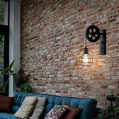 Baoden 1-Light Rustic Wall Light Lift Pulley With Matte Iron Cage Lampshade Industrial Mid Century Sconce For Indoor Lighting Barn Restaurant (Black Color) #TOP5