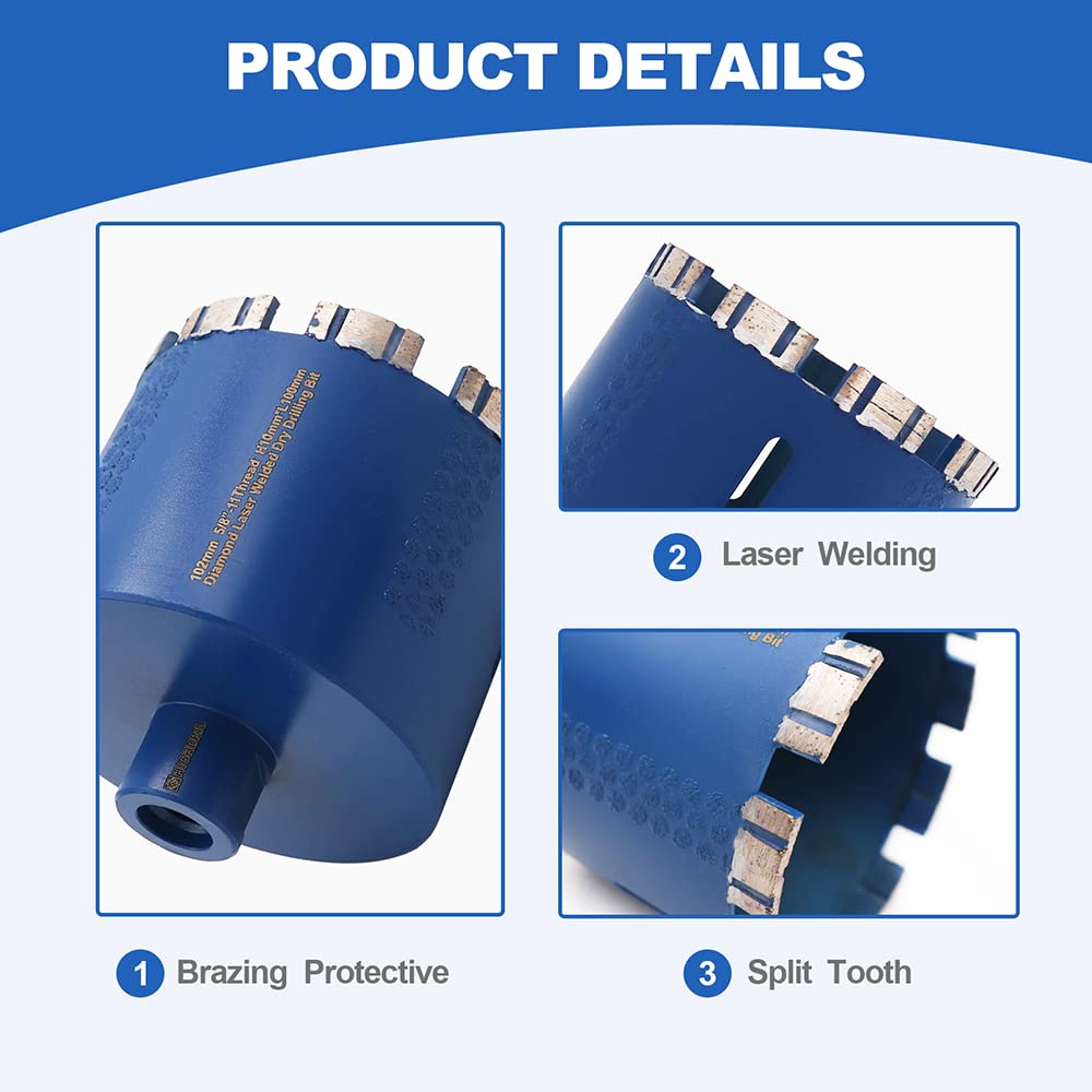 HIGHDRIL Diamond Core Drill Bit,Diameter 4 Inch with 5/8-11 Thread,Dry Hole Saw with Side Protection for Coring or Making Holes in Granite,Marble,Hard Stone