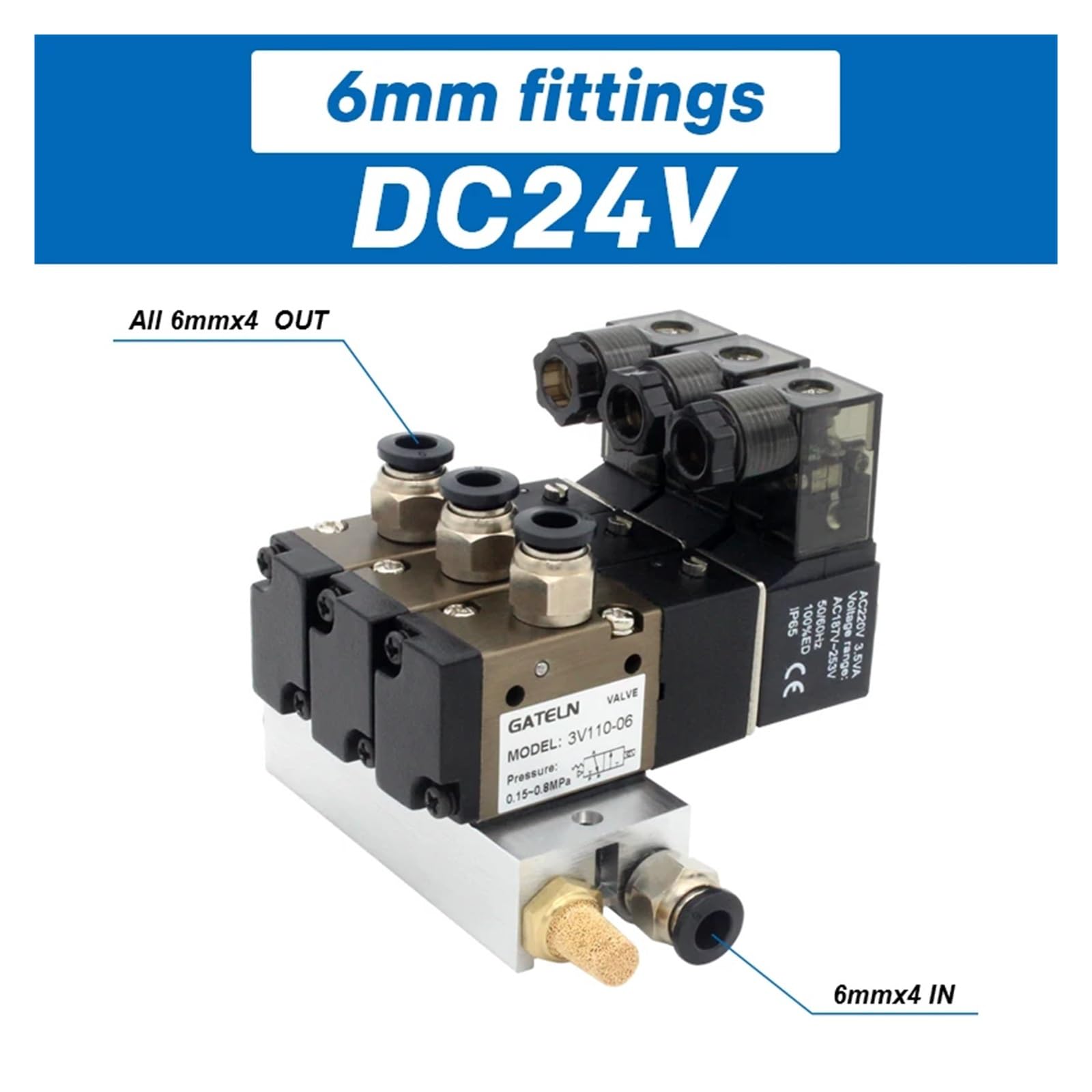 3V110-06-NO normalnie otwarty blok stacji elektromagnetycznej z podstawowym kolektorem akcesoriów do tłumika DC12v DC24v AC110v AC220v 3 porty (DC24V 6mm Fittings)
