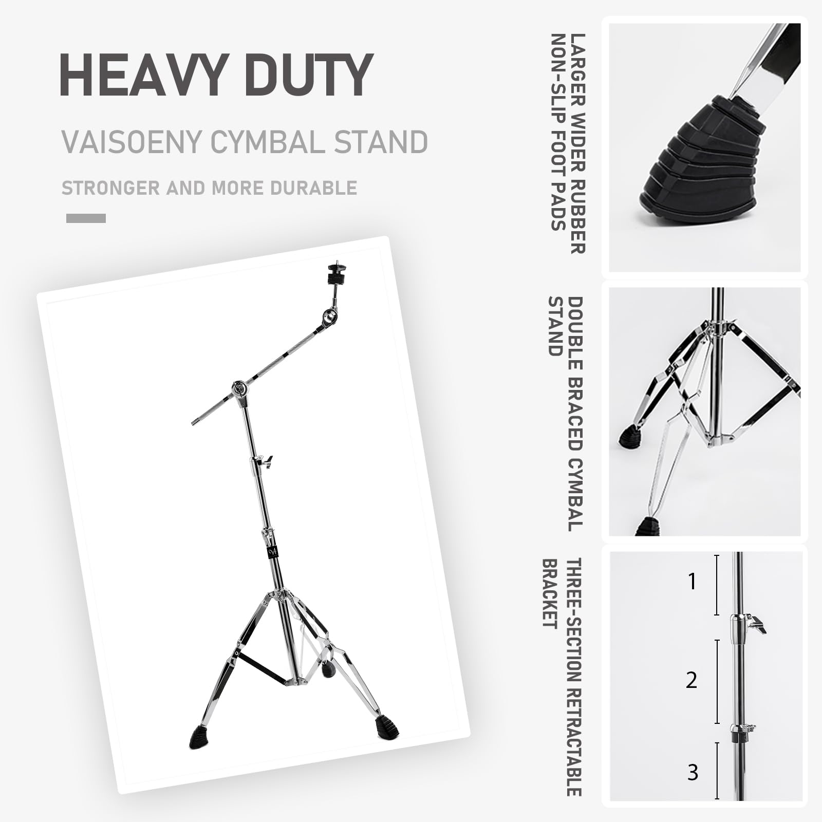 Vaisoeny Cymbal Stand,Double Braced Cymbal Stands,Adjustable Height 29.5" to 59",Cymbal Boom Stand for Mounting Crash Ride and Splash Cymbals (V-XDJ003) - Image 4