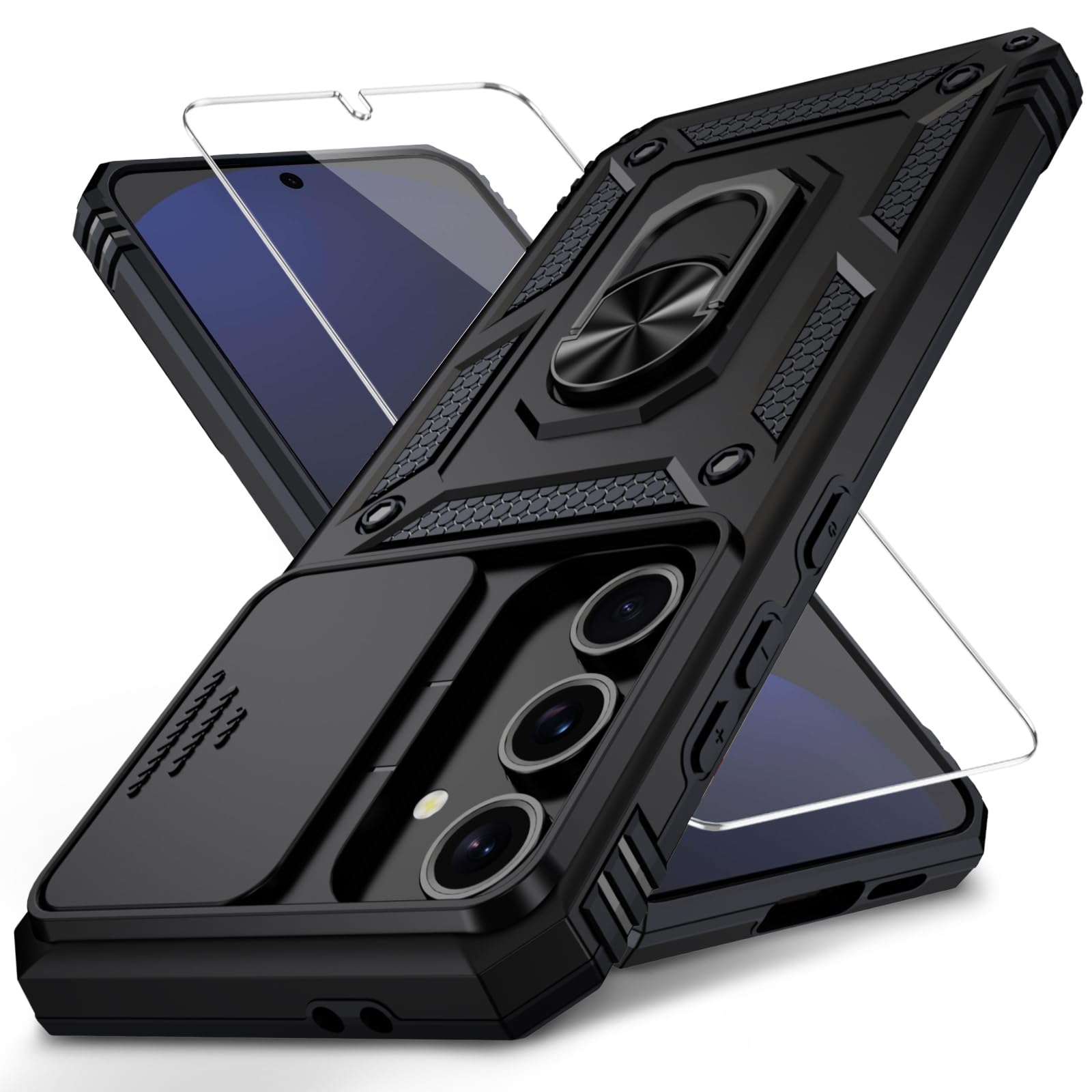 Weycolor for Samsung Galaxy S25 Plus Case with Camera Lens Cover, HD Screen Protector, 10 FT Military Grade Drop Protection, Magnetic Ring Holder