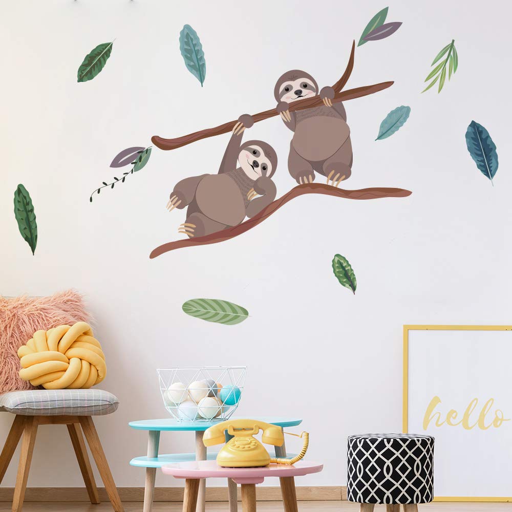 Alwayspon Kids/Girls Room Cute Sloths Wall Sticker, Removable Watercolor Wall Decals, Peel and Stick Wall Art Murals for Home Nursery Decoration Living Room Decor