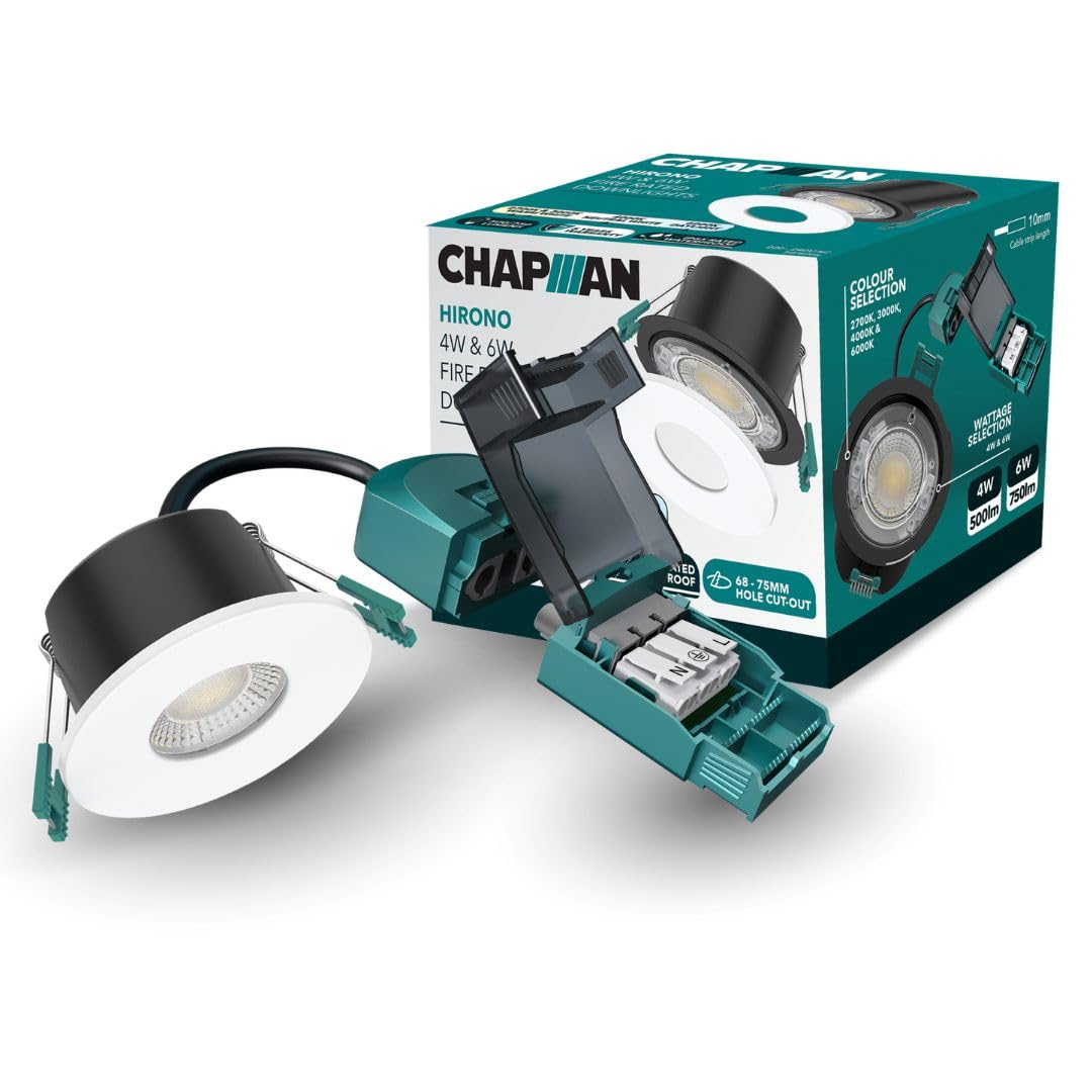 Chapman Hirono Pro 4W & 6W Fire Rated Downlights IP65 White 1 Pack | 4CCT 2700K-6000K, Cool, Neutral or Warm White Waterproof LED Modern Ceiling Light for Bathroom, Kitchen, Bedroom & Living (1 Pack)