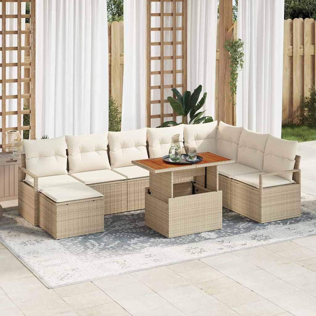 Salon de Jardin 9 Pièces Beige, Ensemble Canapé de Jardin Modulable en Résine Tressée et Acier, Canapé d'Extérieur avec Coffre de Rangement et Table Acacia