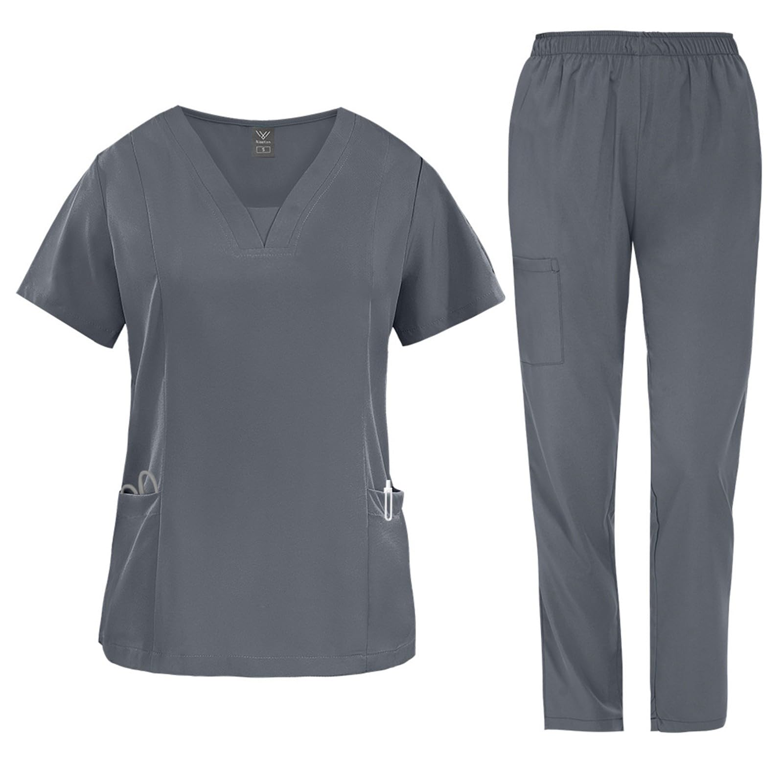 2 Pcs Scrubs Sets for Women Stretch Wide Leg Pants & V-Neck Short Sleeve Tops Plus Size Medical Scrub Sets XX-Large B Gray