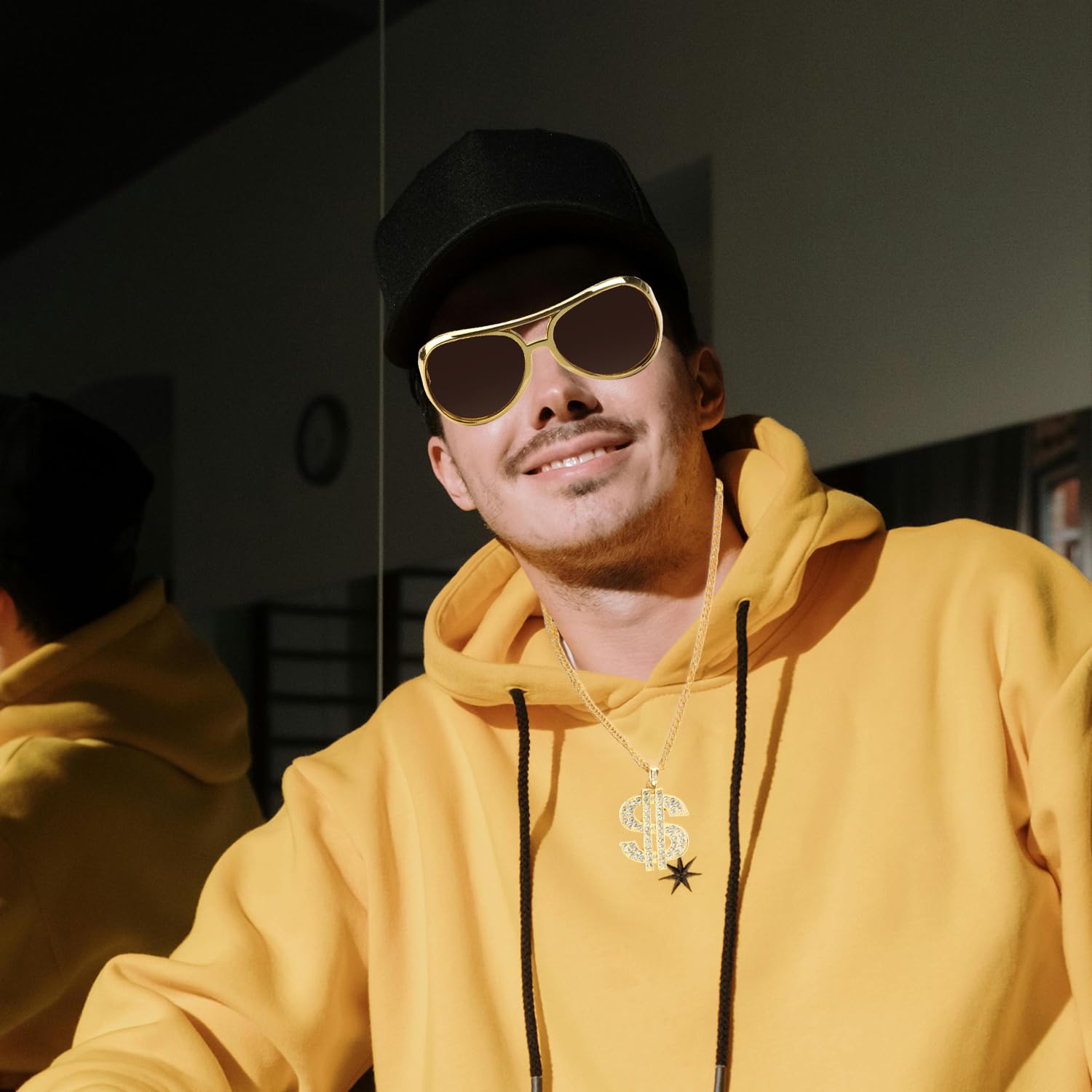 Tabanzhe Hip Hop Costume Accessories Set-4PCS 80s 90s Rapper Fancy Dress Kit with Gold Dollar Sign Necklace,Chain,Sunglasses,Bracelet,Ring for Men Women Disco Theme Party Dress Up - Image 3