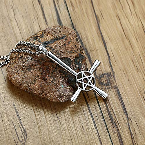 Pendentif Croix inversée pentacle en argent massif ciselé à la main - 5