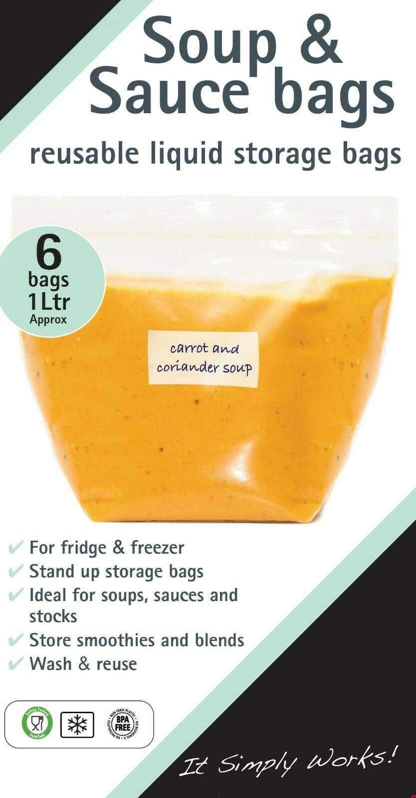 Pack of 6, 1 Litre Reusable Soup & Sauce Liquid Storage Bags