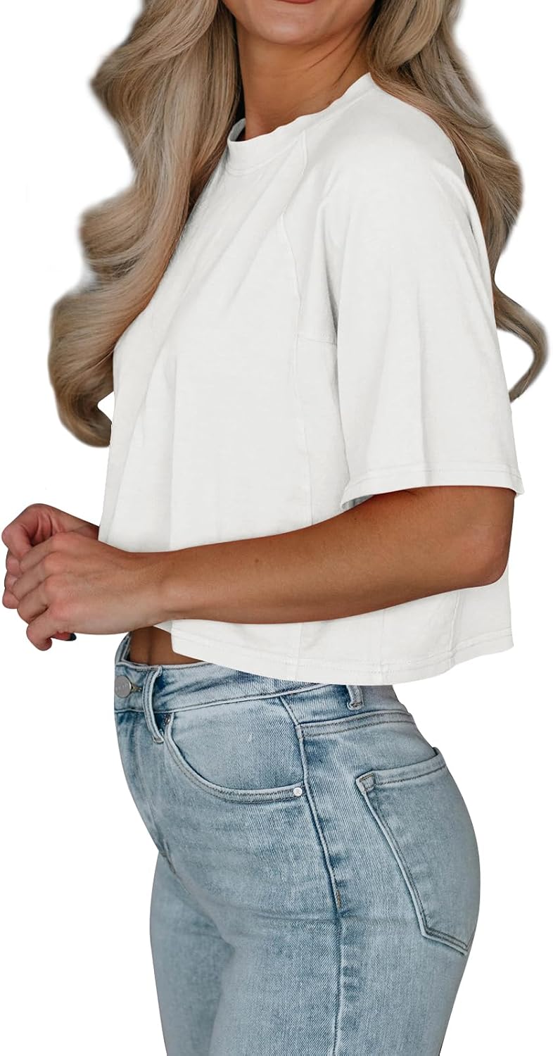Tankaneo Womens Casual Half Sleeve Cropped T-Shirts Summer Crop Tops Solid Color Round Neck Basic Crop Tees - Image 4