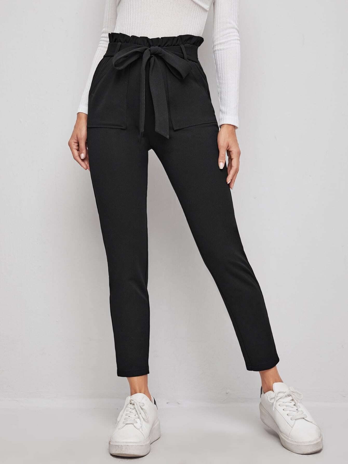Womens Summer Casual Pants Paperbag Waist Tie Front Skinny Pants for Work Holiday