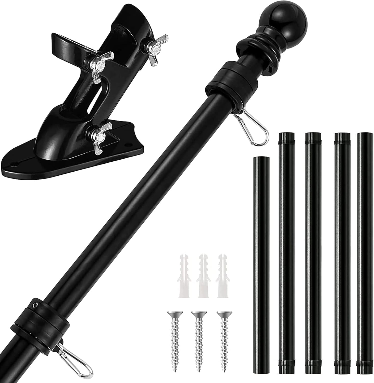 Flag Pole for House with Bracket Holder, 6FT Flag Pole Kit, Outdoor Stainless Steel Metal Flag Poles, Wall Mounted Tangle Free Black American Flag with Pole for House Car Truck Garden Yard Porch