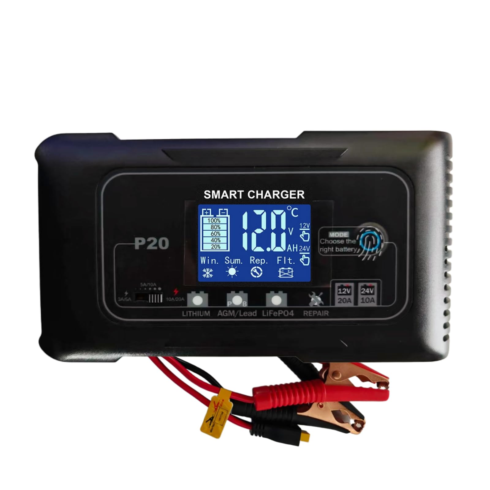 Cargador y mantenedor de batería Inteligente de 12V/24V y 20A, P20 4 Modos de Carga de Litio/AGM/Plomo-ácido/LiFePO4,con Pantalla LCD y función de reparación por pulsos,para automóviles,Motocicletas